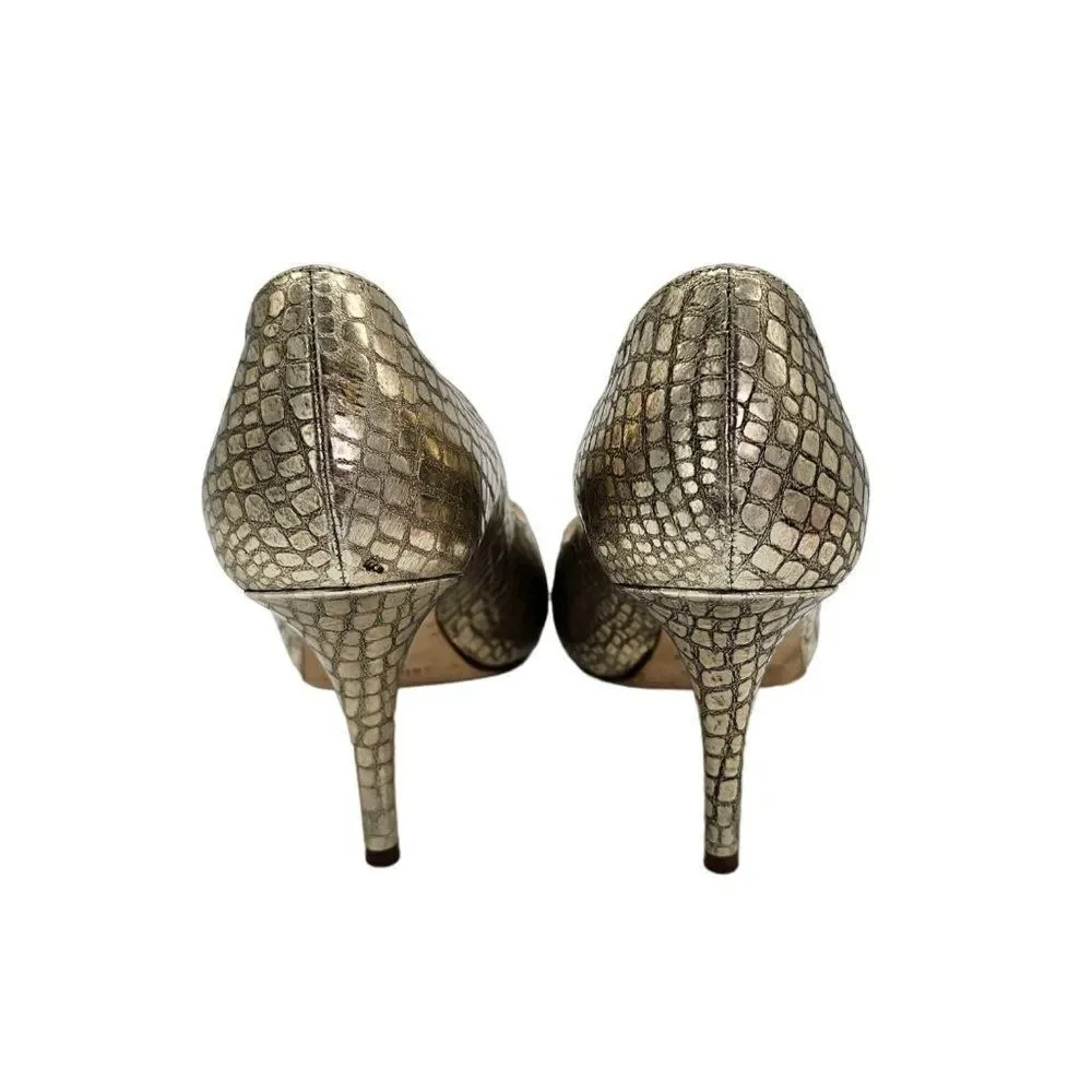 Kate Spade Gold animal embossed print leather peep toe heels Size 8